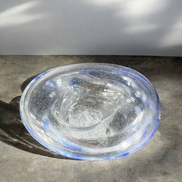 Vintage Hand Blown Art Glass Dish Bowl Clear With Blue Spots Hand Made Glass VTG - Picture 1 of 16